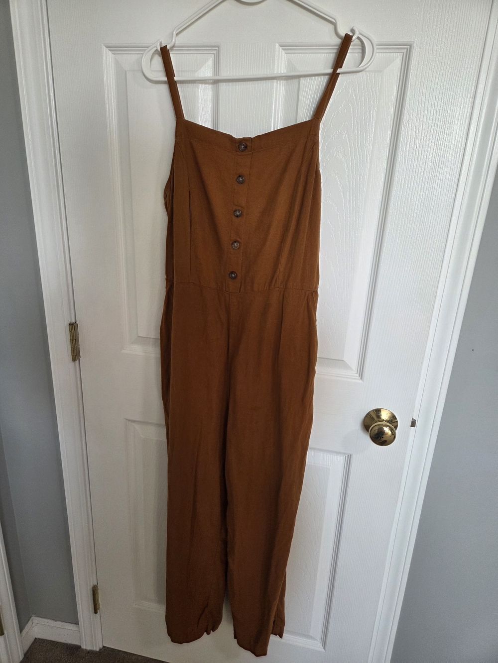 Old Navy Rust-Orange Button-Front Linen-Blend Jumpsuit - Picture 2 of 7